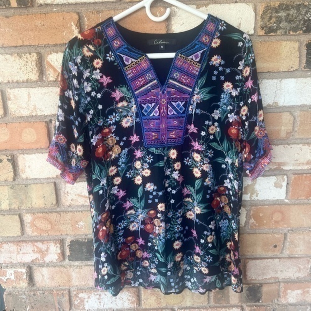 Calessa Embroidered Boho Floral Shirt Blouse